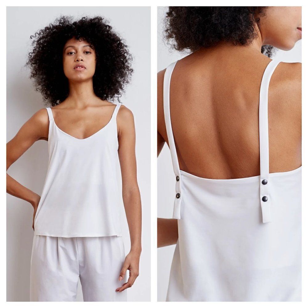 A Day Snap To It Tank Top White Silky V Neck Snap Straps Size XS